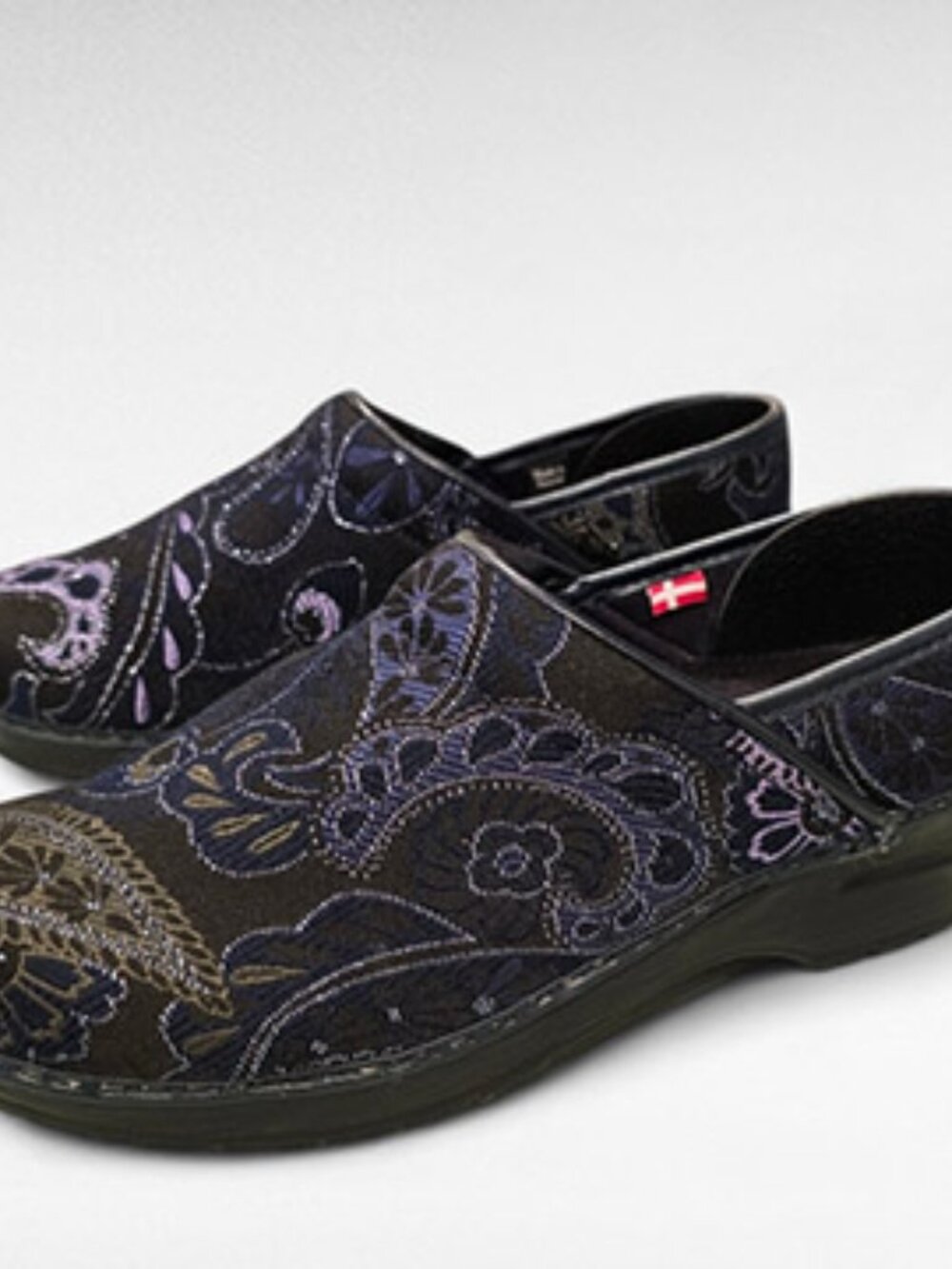 Sanita Vegan Blue & Black Textile Paisley with Silver Thread Comfort Clogs EU 39